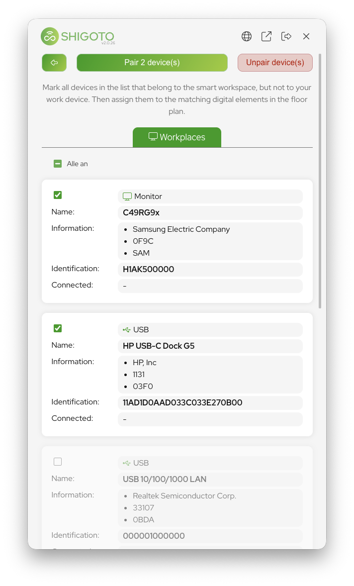 Device selection screen