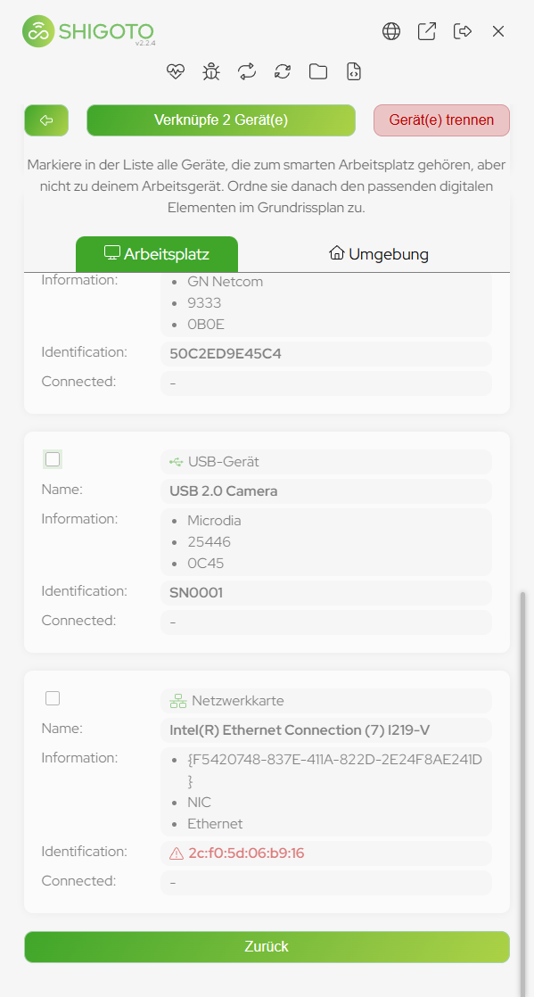 Device list of the Shigoto Sensor with a built-in camera and a network adapter