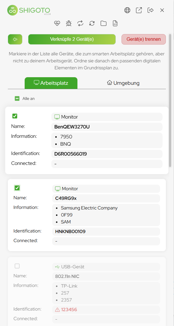 Device list with two monitors selected